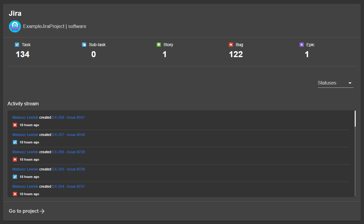 A preview of Jira plugin including tasks summary, project information and Activity Stream.